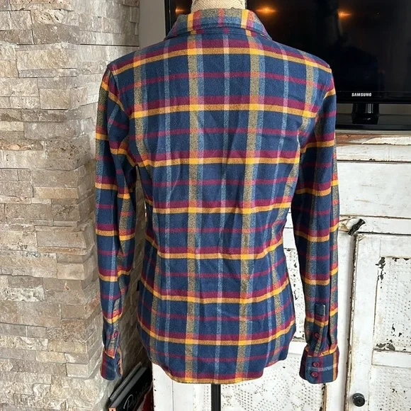 Patagonia Fjord worn wear organic cotton navy mustard burgundy flannel shirt - Picture 11 of 16